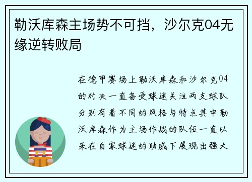 勒沃库森主场势不可挡，沙尔克04无缘逆转败局